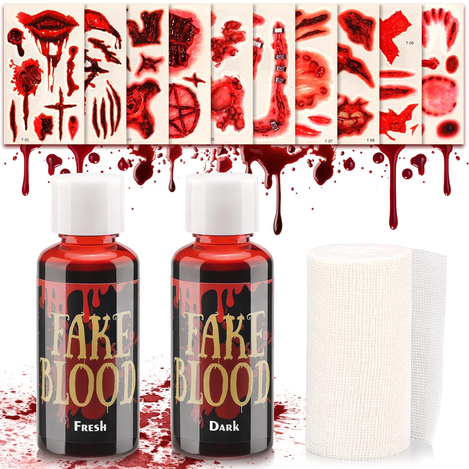 Fake Blood Halloween Makeup Kit With Waterproof Scar Wound Tattoo Stickers (13 Pieces)