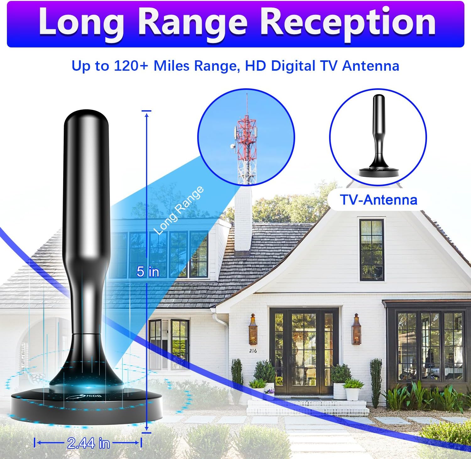 HIDB TV Antenna for Smart TV Indoor, Digital Indoor HD Antennas with Strong Magnetic Base, Easy Installation, Long Range Reception for Local Channels 4K 1080P, 10ft Long Cables (Black) - Image 8