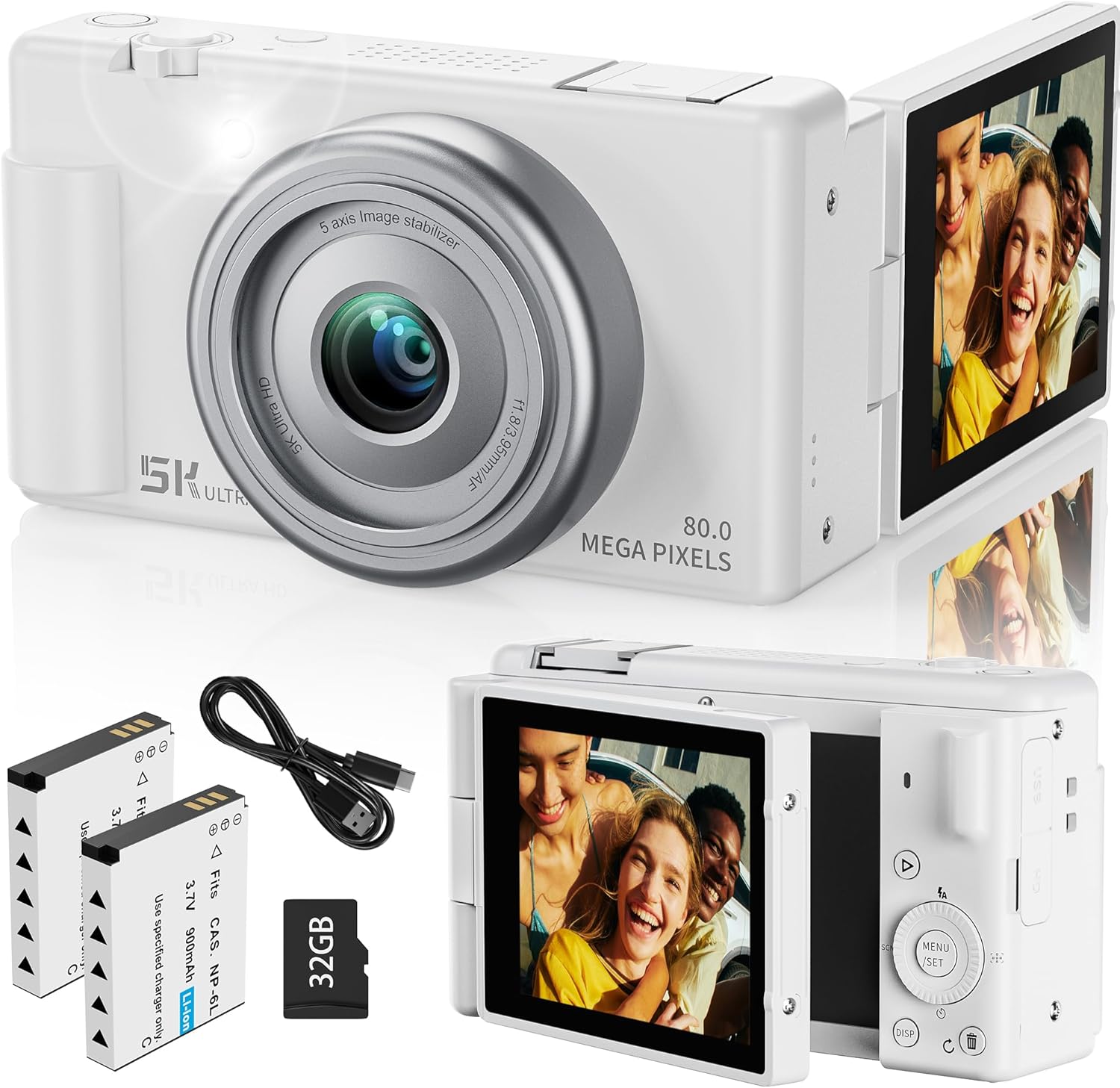 True 5K Digital Camera for Photography, Autofocus 80MP with 18X Digital Zoom 3" 270°Flip Screen Dual-Lens Selfie Camera for YouTube Vlogging & Content Creation, 2 Batteries, 32GB Card & Flash,White