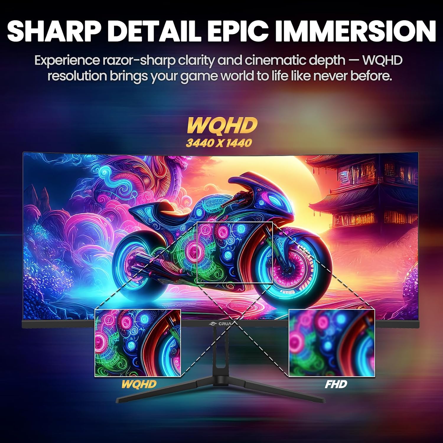 CRUA 34" Curved Gaming Monitor, IPS WQHD(3440x1440P) 120Hz 1900R 21:9 UltraWide PC Display, 130% sRGB, AMD FreeSync, Blue Light Filter, HDMI/DP Ports, Wall Mountable Installs– Black - Image 6
