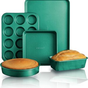 Granitestone Green Nonstick Bakeware Set, 5 Piece No Warp Baking Pans Set, Baking Set Includes Even Heating Baking Sheet for Oven, Muffin Pan, Loaf Pan, Baking Pan & Round Baking Tray, Dishwasher Safe