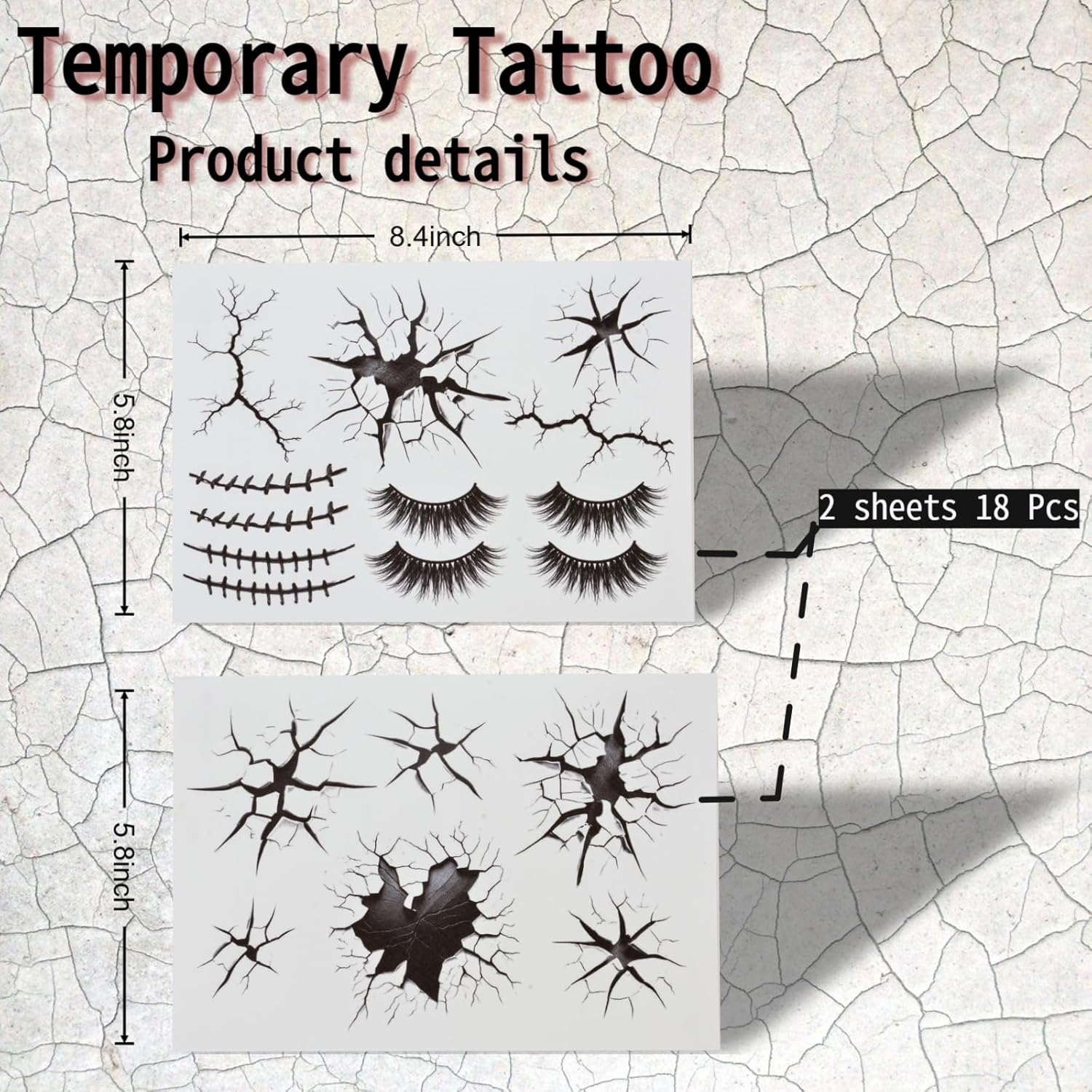 Halloween Creepy Cracks Face Tattoo Set, Temporary Makeup Stickers with Eyelashes, Black Broken Glass Pattern, Costume Accessories - Image 4