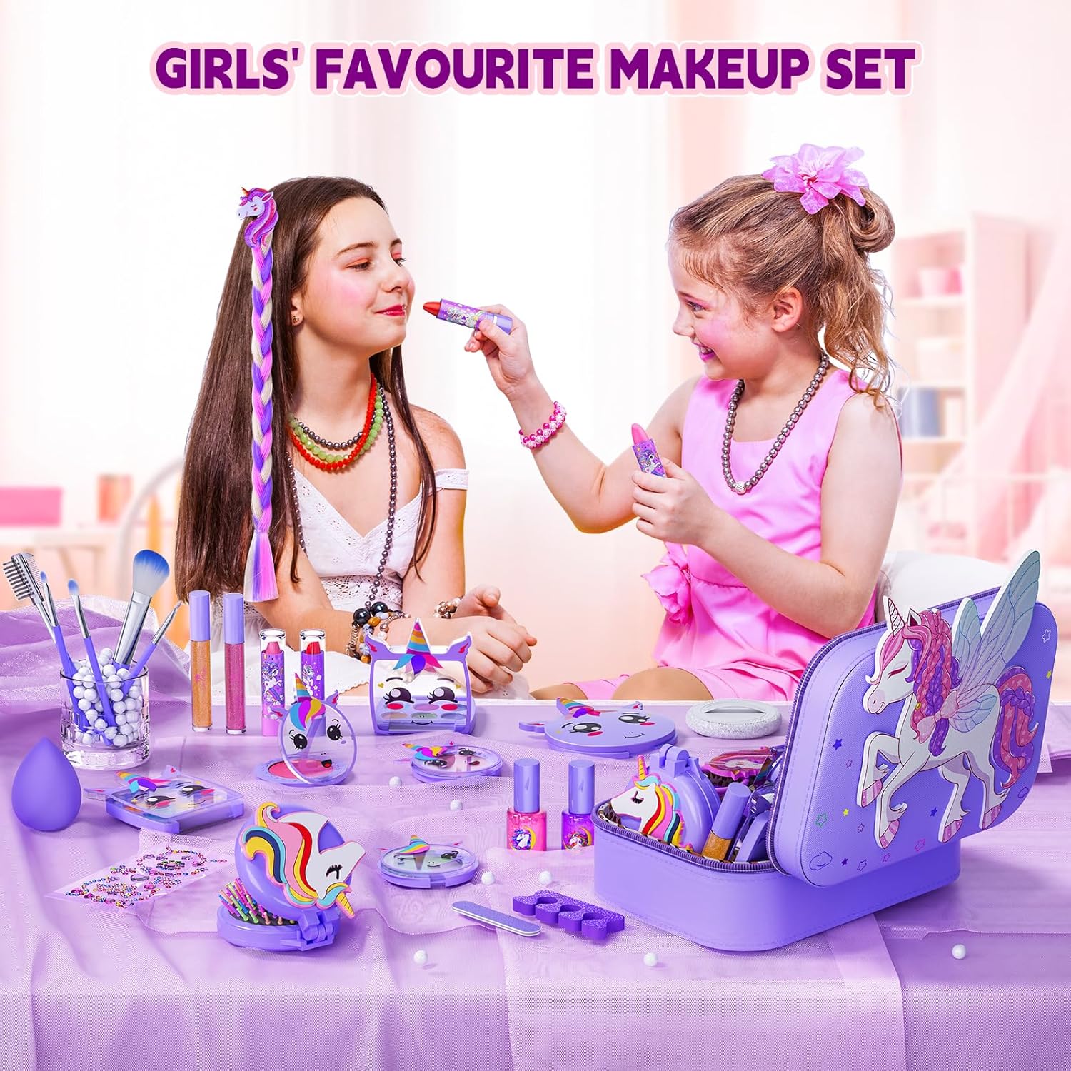 Kids Makeup Kit for Girl - Girls Makeup Kit Toys with Flying Horse Storage Case, Kids Play Makeup Set for Christmas Birthday Gift 3-12 Years Old - Image 2