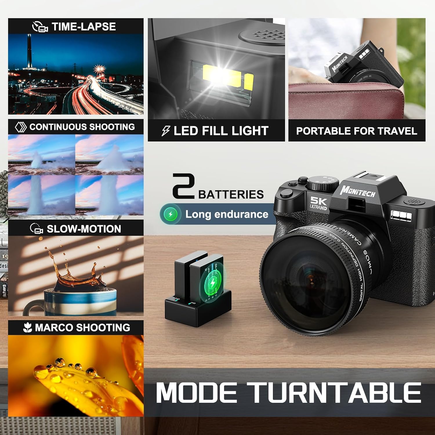 5K Digital Camera, 48MP Cameras for Photography, Vlogging Camera for YouTube with 180° Flip Screen,16X Digital Zoom,52mm Wide Angle & Macro Lens, 2 Batteries, 32GB TF Card - Image 7