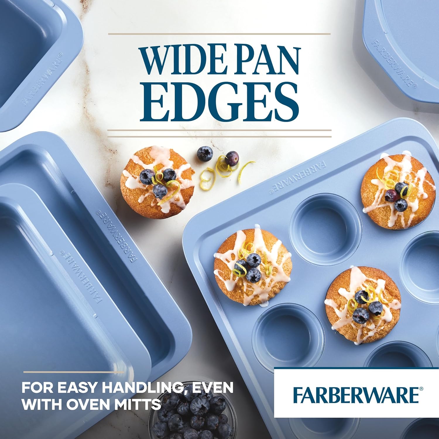 Farberware Easy Solutions Nonstick Baking Set, Includes Cookie Pans, Loaf Pan, and Cake Pan with Portion Marks, 4 Piece, Non Stick Bakeware Set - Blue - Image 3