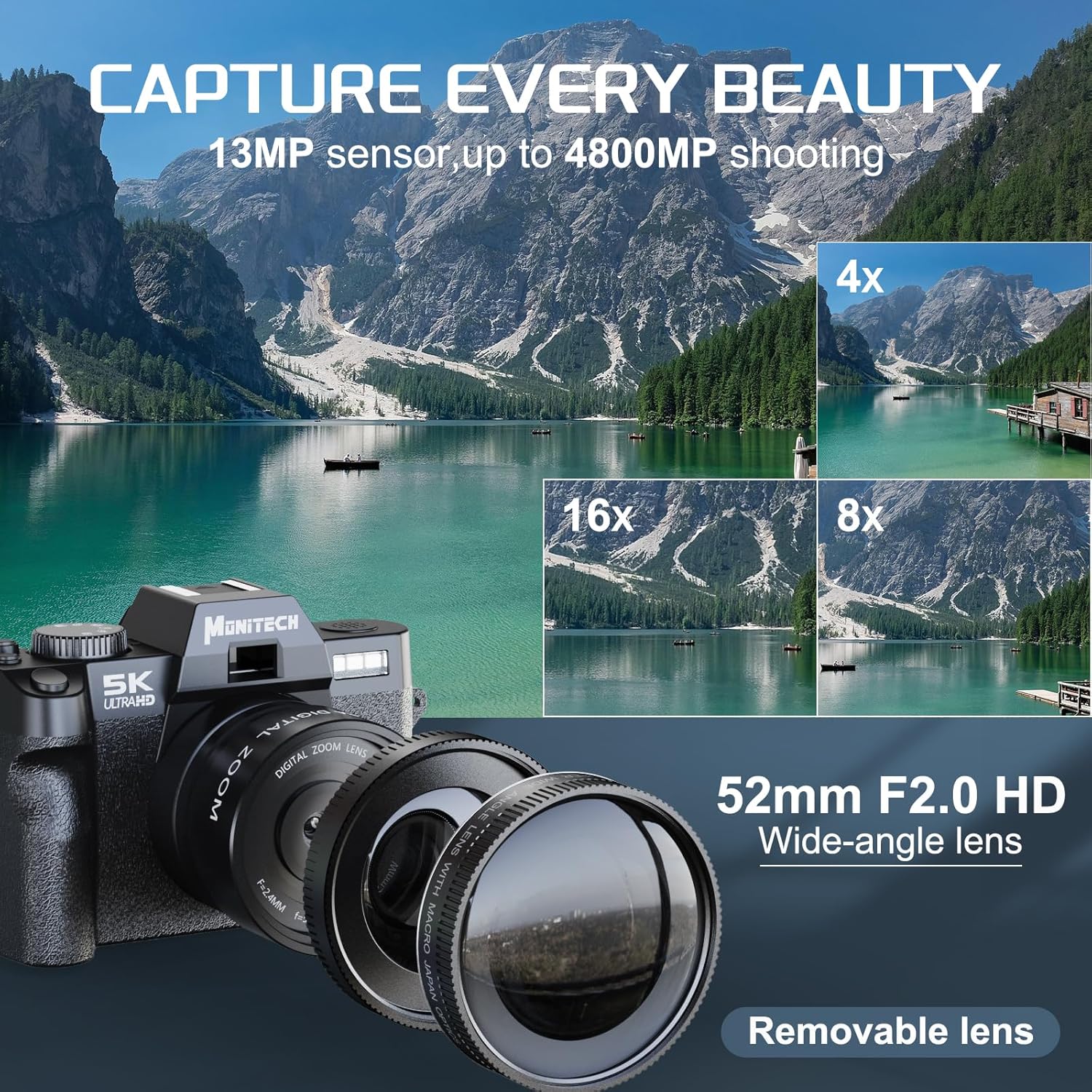 5K Digital Camera, 48MP Cameras for Photography, Vlogging Camera for YouTube with 180° Flip Screen,16X Digital Zoom,52mm Wide Angle & Macro Lens, 2 Batteries, 32GB TF Card - Image 3