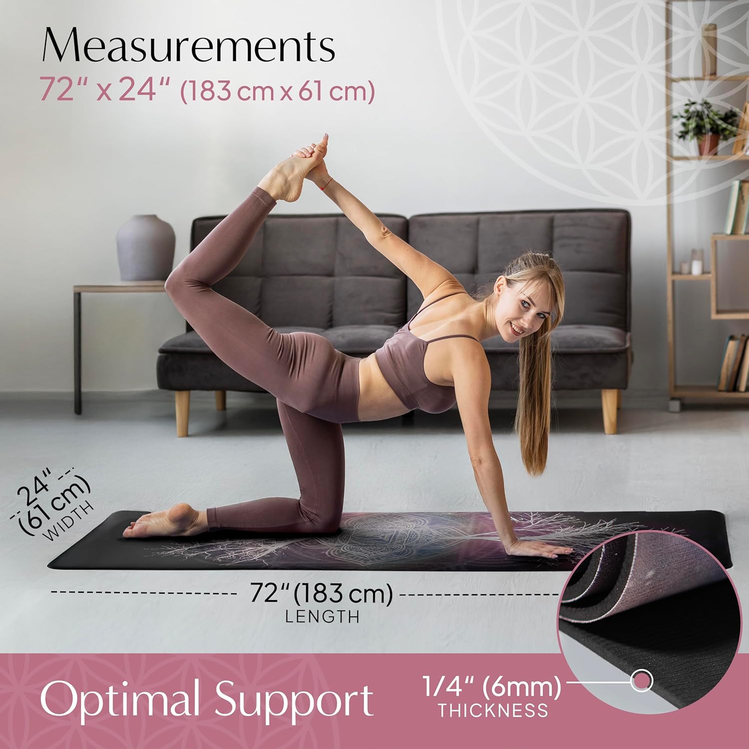 ๐ฏ๐ฐ๐ฎ๐ฏ๐ป๐ถ๐ท Vegan Suede Yoga Mat โ Tree of Life/Root Chakra Design, Extra Thick 1/4โ (6mm), Sweat-Grip Surface โ Perfect for Yoga, Hot Yoga, Pilates & Sweaty Workouts - Free Strap Included - Image 3