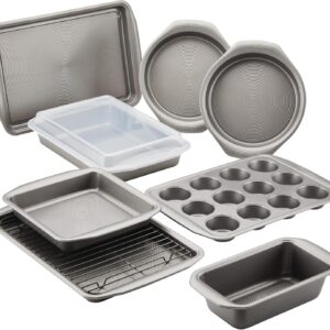 Circulon Nonstick Heavy Gauge Steel Bakeware Set with Rolled Pan Edges Loaf Pan, Cookie Pan, Baking Pans, Cake Pans, Muffin Pan and Cooling Rack (10-Piece, Gray)