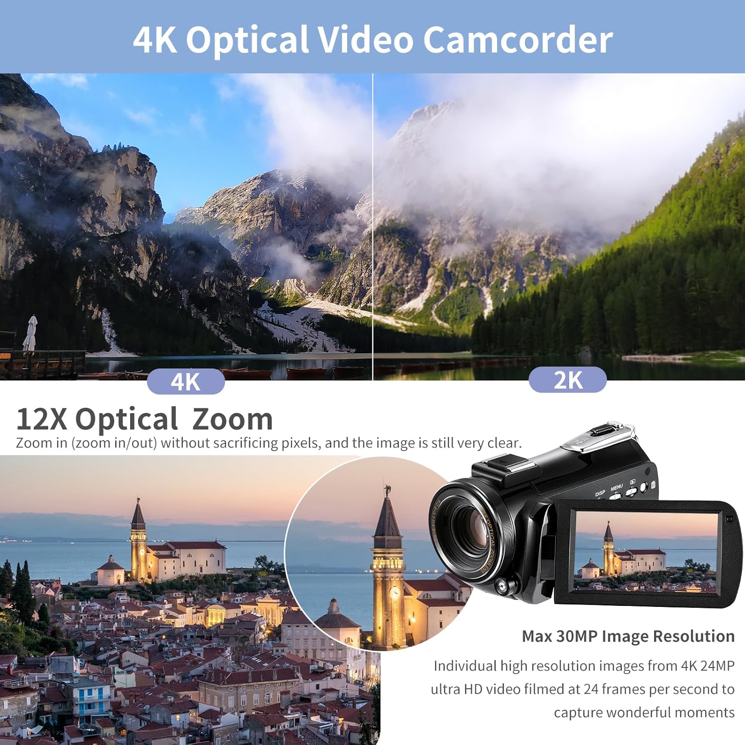 ORDRO 4K Video Camera Camcorder AC5 Plus Vlog Camera with 12X Optical Zoom &120X Intelligent Zoom Vlog Camera for YouTube with Mic,LED RGB Light Wide Angle Lens Handheld Holder 2 Batteries - Image 2