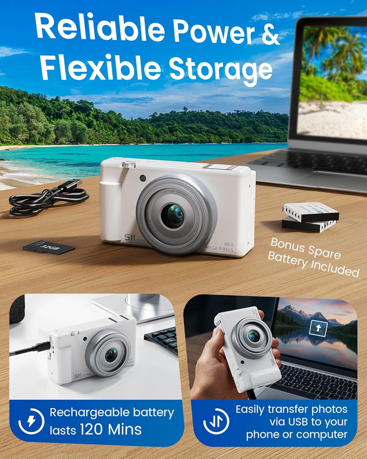 True 5K Digital Camera for Photography, Autofocus 80MP with 18X Digital Zoom 3" 270°Flip Screen Dual-Lens Selfie Camera for YouTube Vlogging & Content Creation, 2 Batteries, 32GB Card & Flash,White - Image 6