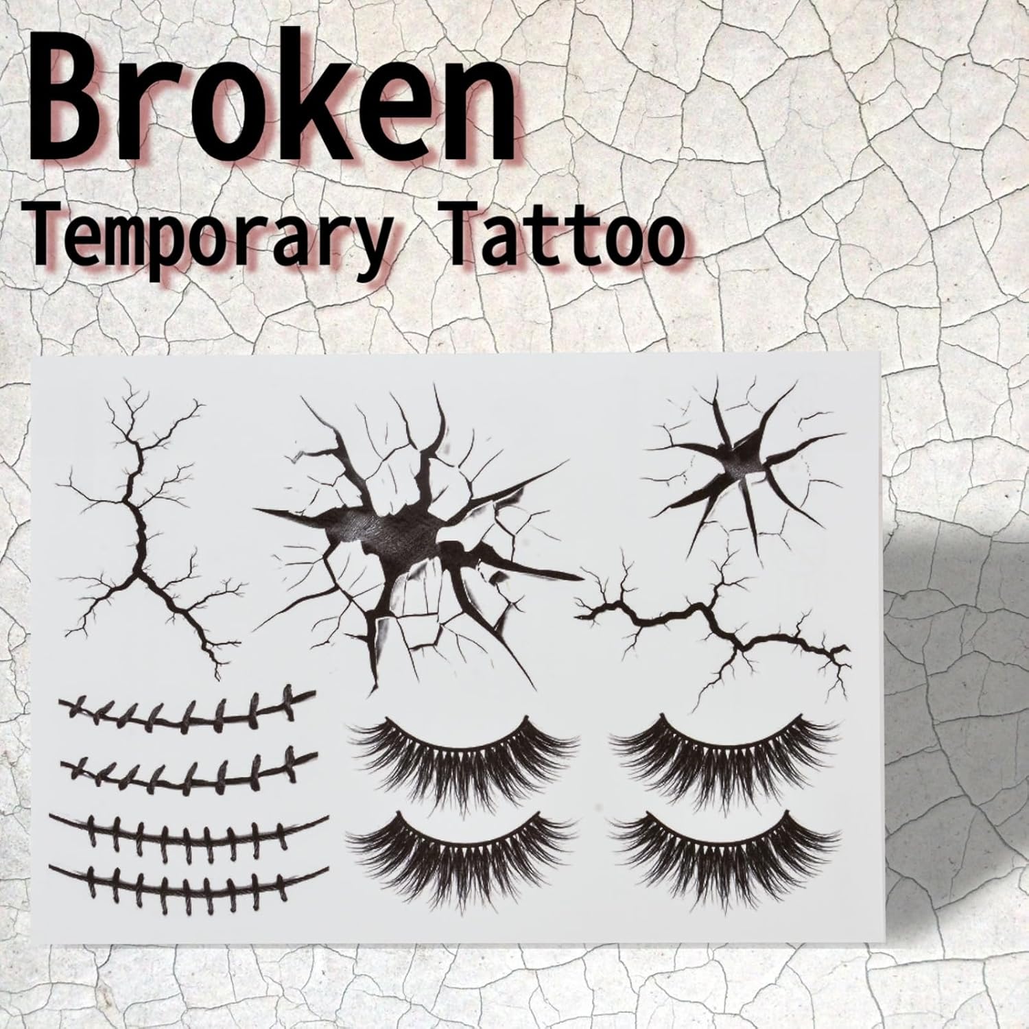 Halloween Creepy Cracks Face Tattoo Set, Temporary Makeup Stickers with Eyelashes, Black Broken Glass Pattern, Costume Accessories - Image 2