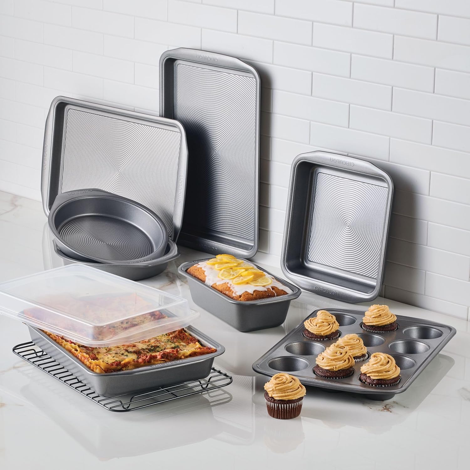 Circulon Nonstick Heavy Gauge Steel Bakeware Set with Rolled Pan Edges Loaf Pan, Cookie Pan, Baking Pans, Cake Pans, Muffin Pan and Cooling Rack (10-Piece, Gray) - Image 10