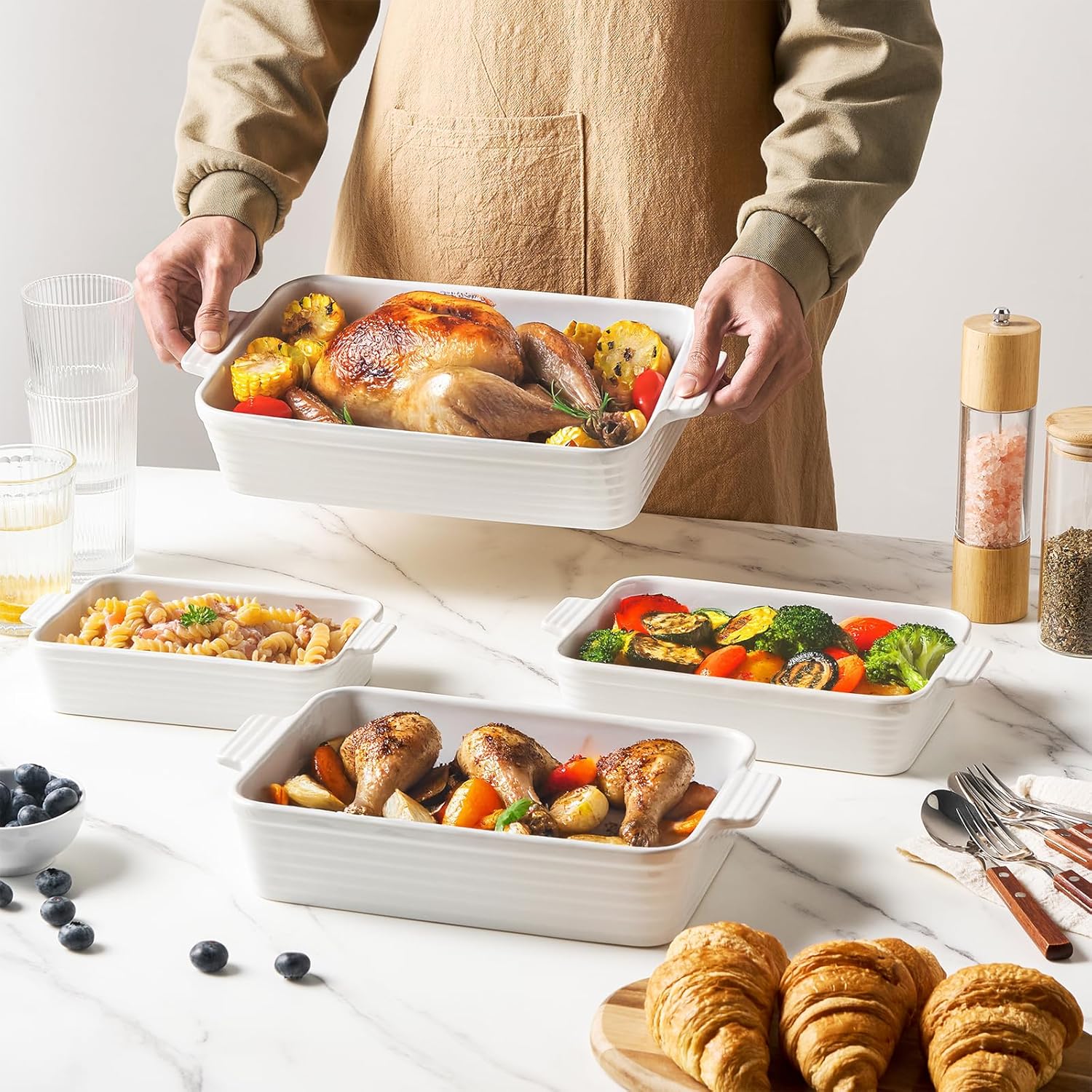 Jassceram Casserole Dishes for Oven, 4-Piece Porcelain Baking Dish, Rectangular Ceramic Bakeware Sets with Handles, Deep Lasagna Pan for Baking, 9.6" to 15.2", Nesting Design, Oven Safe, White - Image 6