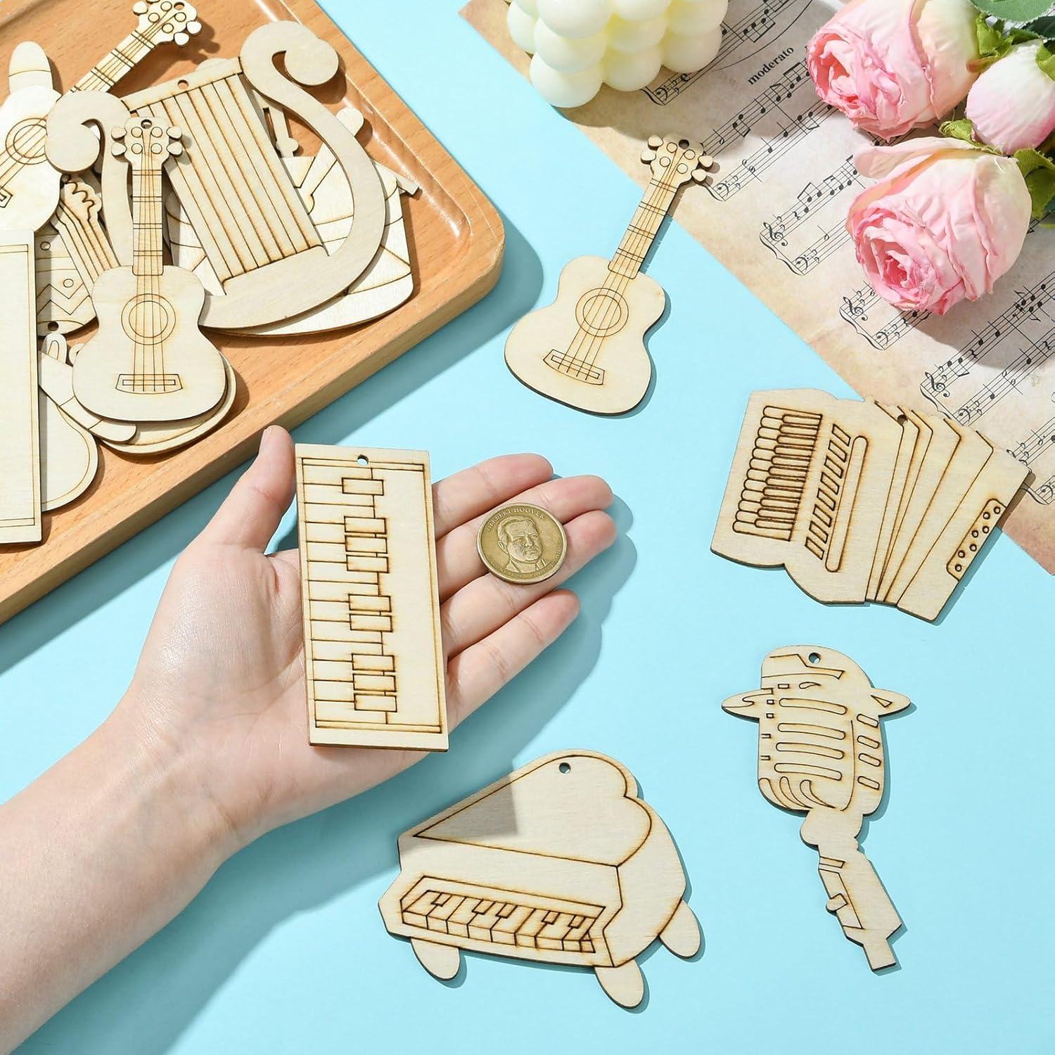 Stiesy 30 Pcs Musical Instruments Theme Unfinished Wood Craft Set with Jute Cord Things to Pint Wooden Blank Cutout Hanging Ornaments for DIY Craft Party Supplies Home Decoration - Image 4