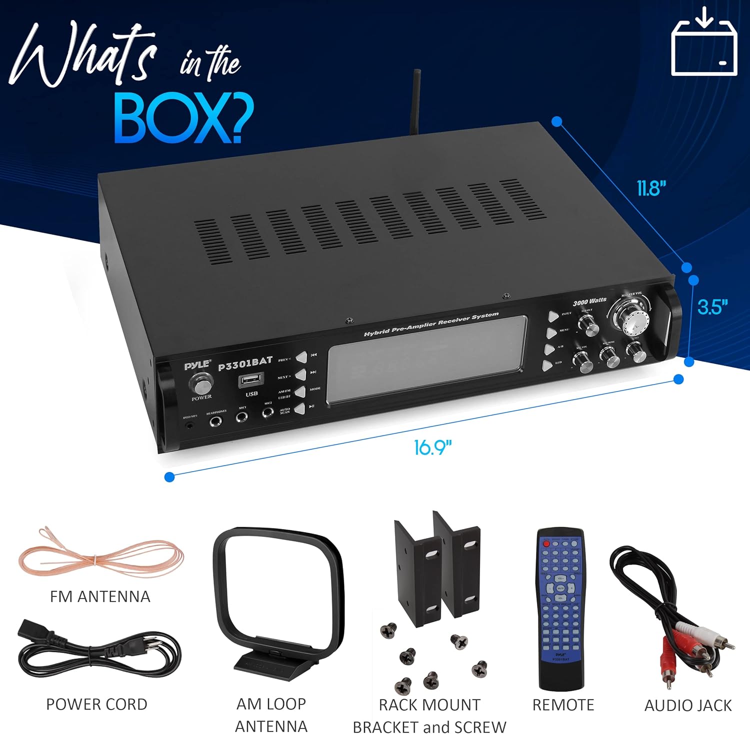 Pyle Wireless Bluetooth Home Stereo Amplifier- Hybrid Multi-Channel, 3000W Power Amplifier, Home Audio Receiver System w/ AM/FM Radio,MP3,USB, AUX, RCA, Karaoke Mic in, Rack Mount, Remote- P3301BAT.5 - Image 7