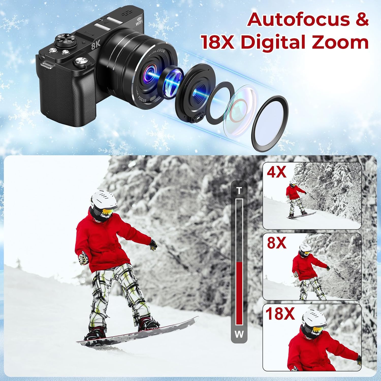 8K Digital Cameras for Photography - WiFi 88MP Autofocus Vlogging Camera for YouTube with 3" 180° Flip Screen - UHD Video Camara Gifts for Beginner Photographer with 18X Zoom, Lens Hood, 64GB Card - Image 4