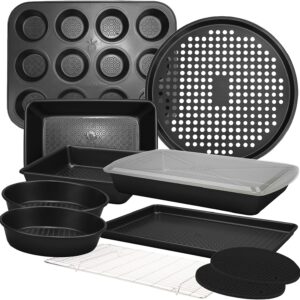 KITCHENATICS 12 PC Carbon Steel Baking Pans Set Nonstick, Kitchen Essentials for New Home, Nonstick Bakeware Sets with Cake and Muffin Tins, Non Stick Bread and Oven Pan – Black Stackable Bakeware Set