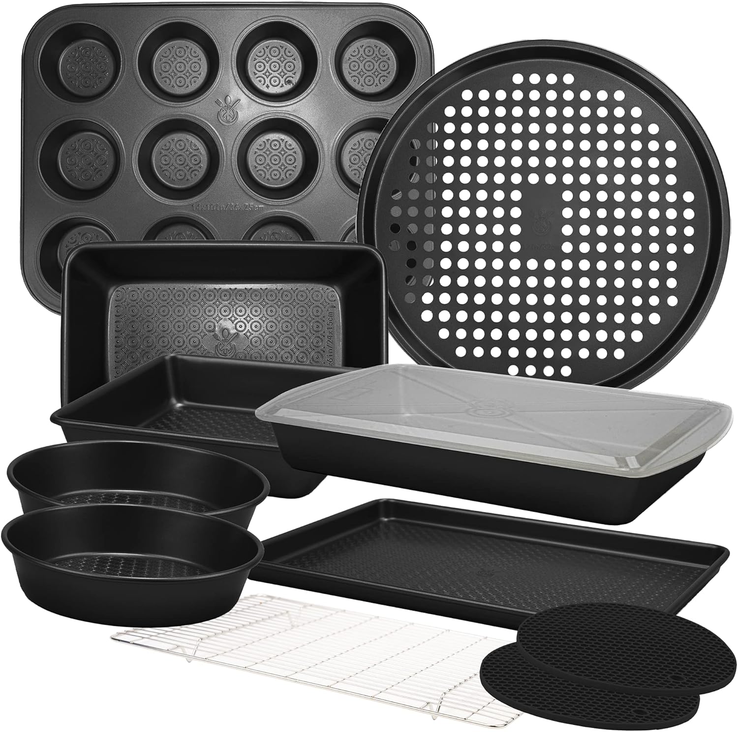 KITCHENATICS 12 PC Carbon Steel Baking Pans Set Nonstick, Kitchen Essentials for New Home, Nonstick Bakeware Sets with Cake and Muffin Tins, Non Stick Bread and Oven Pan - Black Stackable Bakeware Set