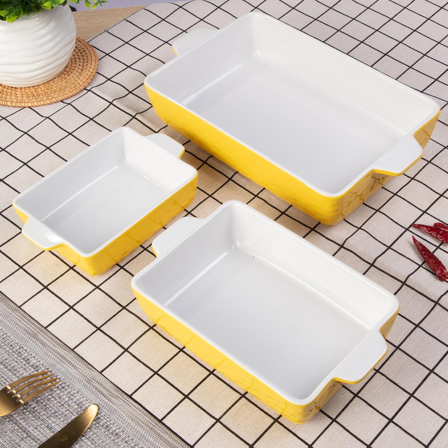 GarveeHome Baking Dishes Set of 3, Ceramic Bakeware Set with Handles, Porcelain Baking Pan Casserole Dishes for Oven and Microwave, Deep Lasagna Pan for Baking, Cooking, Wedding Gift - Yellow - Image 6