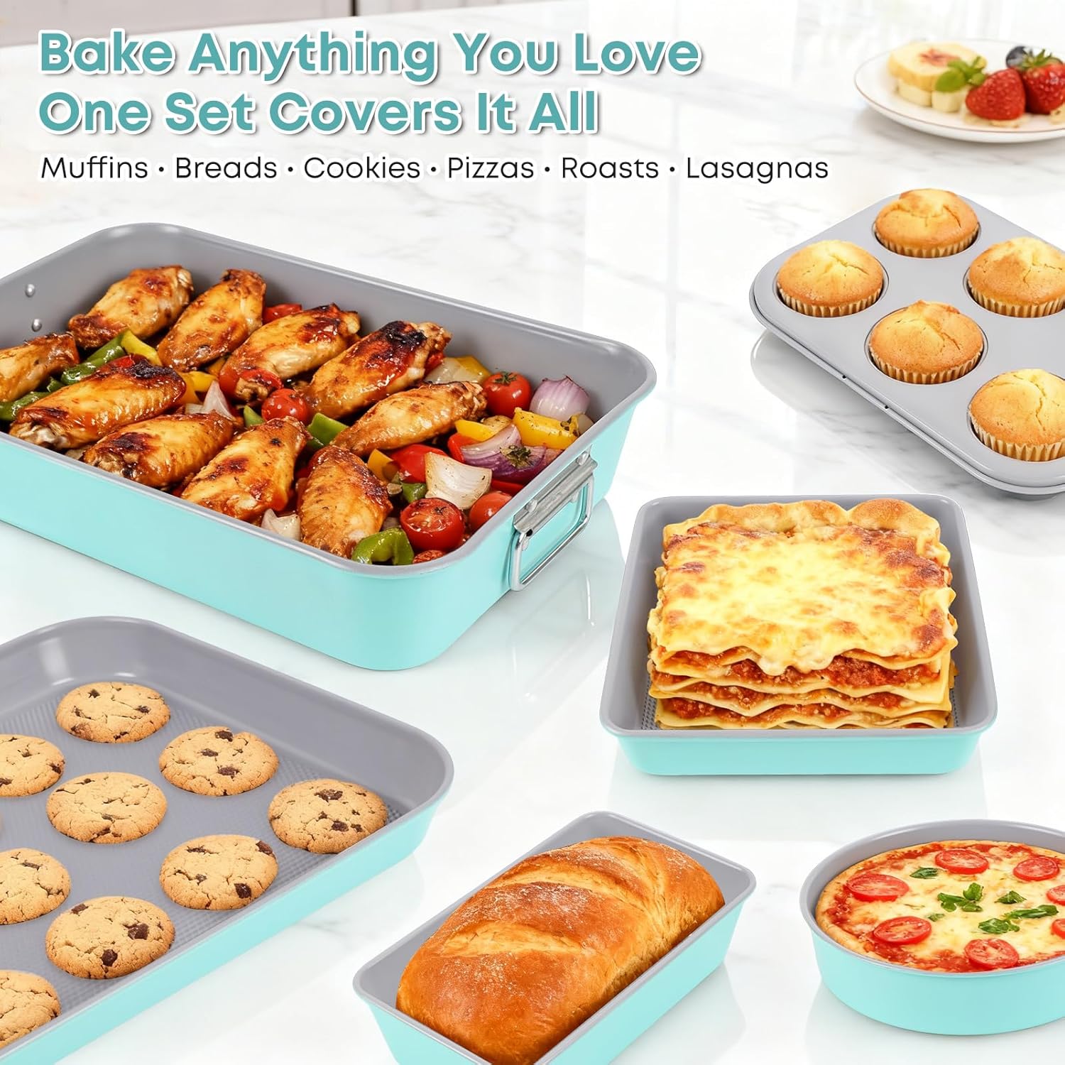 21-pieces Stackable Nonstick Bakeware Set, PTFE/PFOA/PFOS Free Baking Pans Set with Silicone Cup, Oven Mitt, Complete Kitchen Baking Kit for Cake & Loaf, Cookies, Cupcakes - Image 2