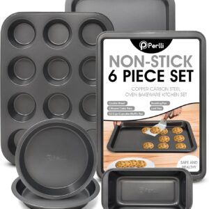 Perlli Baking Set 6 Nonstick Carbon Steel Oven Safe Gray PTFE PFOA Free Bakeware – Cookie Sheet, 2 Rounds, 12 Cup Muffin Pan, Roaster & Loaf Pan