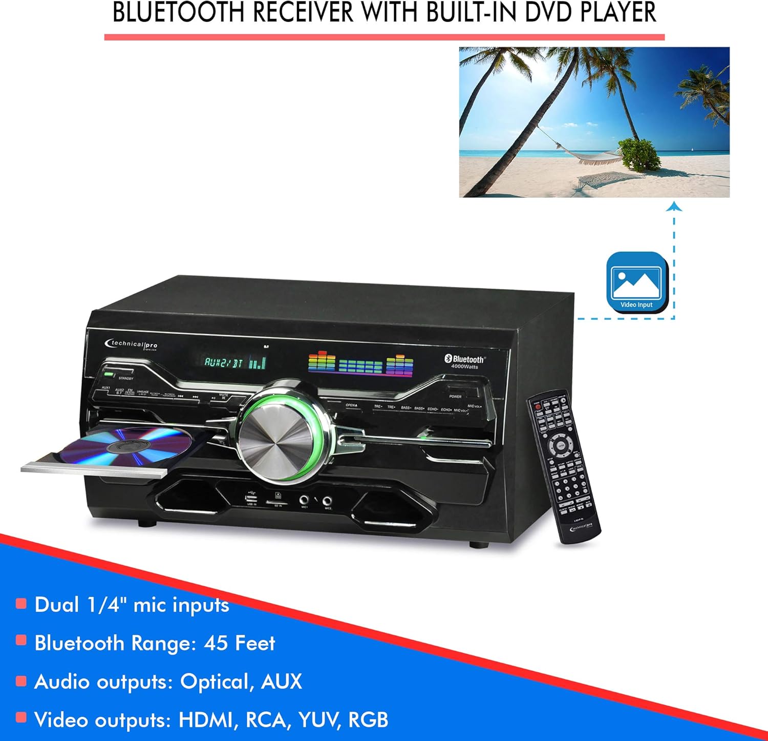 Technical Pro 4000 Watts Professional Bluetooth Home Audio Receiver w/Built-in DVD Player, Dual 1/4'' Mic and USB SD Inputs, Volume and Echo Controls, Remote Included, for Karaoke, Parties and More - Image 4