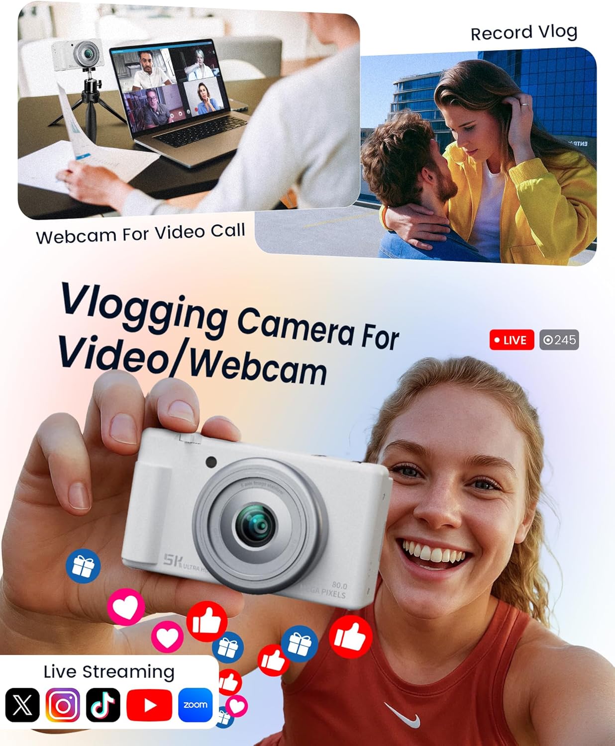 True 5K Digital Camera for Photography, Autofocus 80MP with 18X Digital Zoom 3" 270°Flip Screen Dual-Lens Selfie Camera for YouTube Vlogging & Content Creation, 2 Batteries, 32GB Card & Flash,White - Image 8