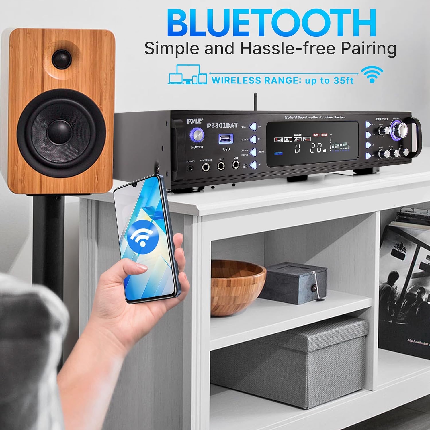 Pyle Wireless Bluetooth Home Stereo Amplifier- Hybrid Multi-Channel, 3000W Power Amplifier, Home Audio Receiver System w/ AM/FM Radio,MP3,USB, AUX, RCA, Karaoke Mic in, Rack Mount, Remote- P3301BAT.5 - Image 6