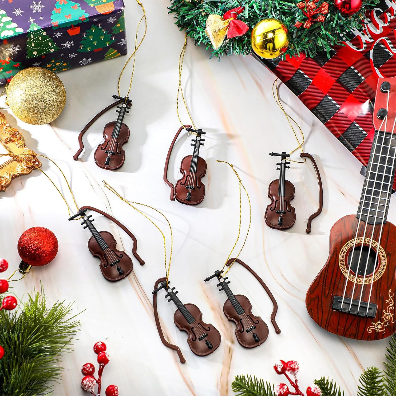 Poen 6 Pcs Mini Violin Ornaments for Christmas Tree Small Violin Christmas Hanging Ornament Tiny Musical Instrument Decorations Music Lovers Gifts for Holiday Teacher Coworkers Party Xmas Home Decor - Image 4