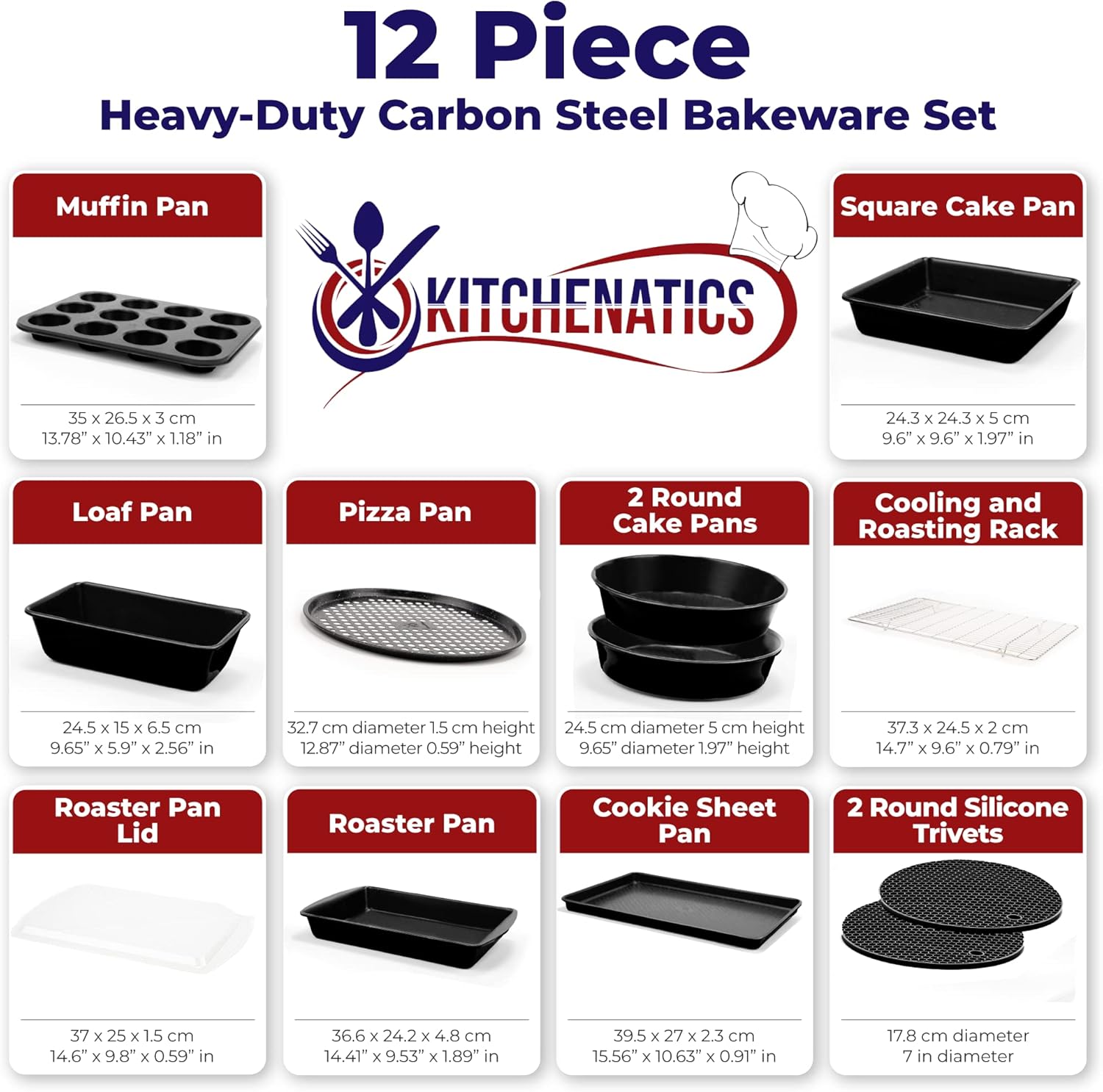 KITCHENATICS 12 PC Carbon Steel Baking Pans Set Nonstick, Kitchen Essentials for New Home, Nonstick Bakeware Sets with Cake and Muffin Tins, Non Stick Bread and Oven Pan - Black Stackable Bakeware Set - Image 2