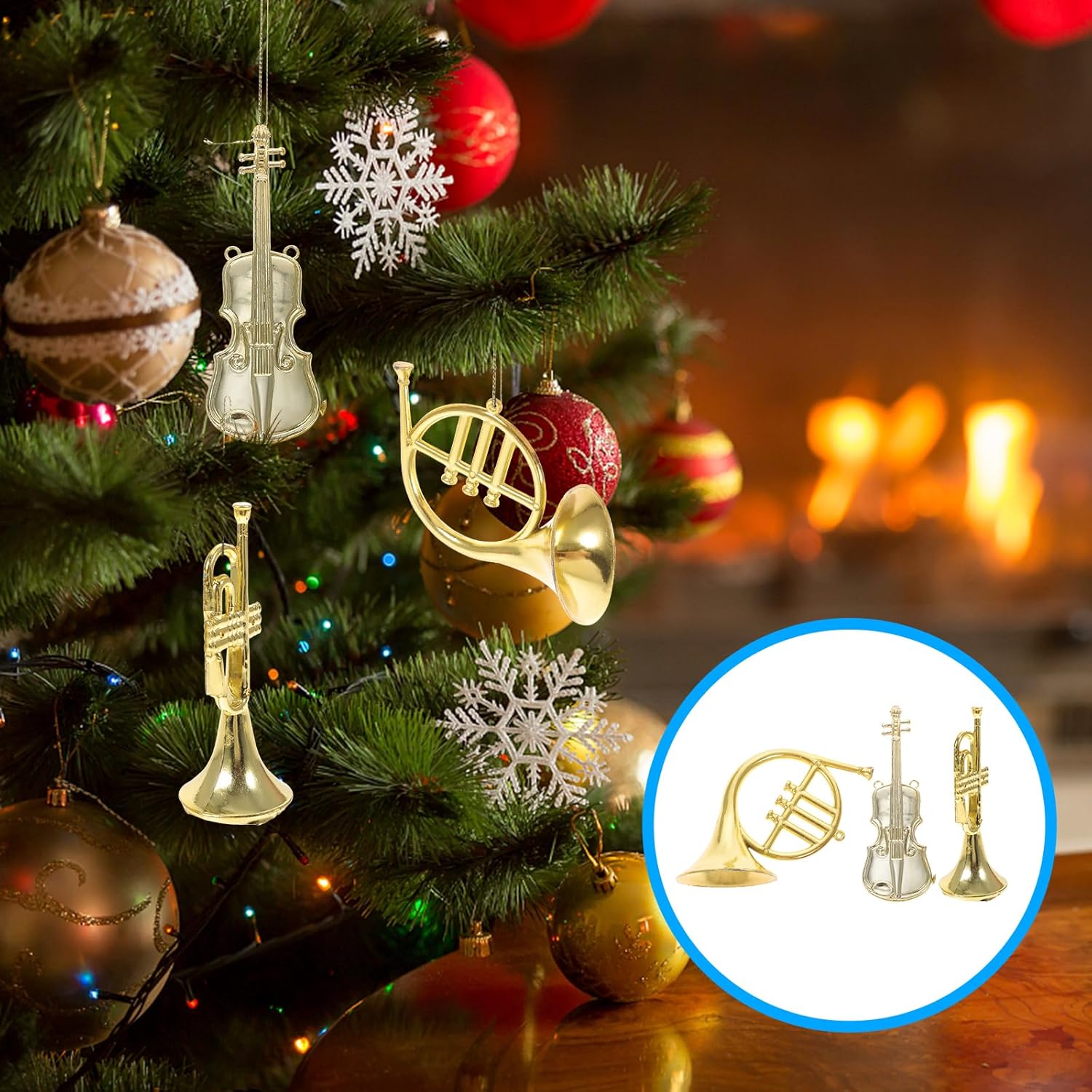 Gatuida 12pcs Christmas Musical Instrument Ornaments Set, Golden Plastic Miniature Violin French Horn Trumpet Models, Xmas Tree Hanging Decorations for Christmas Music Party Home Decor - Image 8