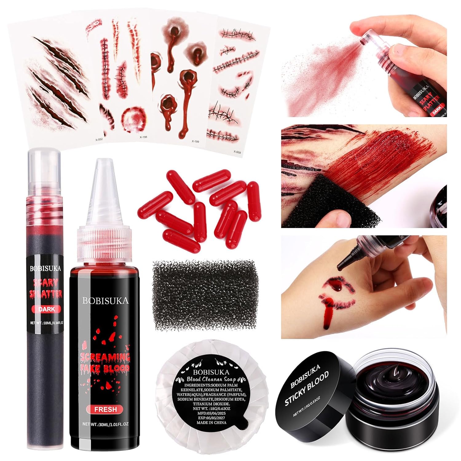 Halloween Fake Blood SFX Makeup Kit – Fake Blood Spray, Dripping Blood, Coagulated Gel, 4 Wound Tattoos, Blood Capsules, Cleaner Soap – Realistic, Washable Makeup for Zombie/Vampire/Monster - Image 9