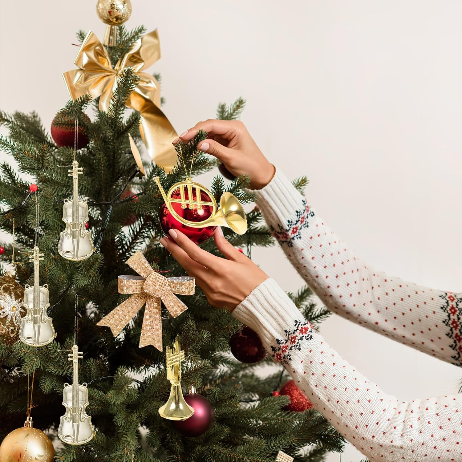 Gatuida 12pcs Christmas Musical Instrument Ornaments Set, Golden Plastic Miniature Violin French Horn Trumpet Models, Xmas Tree Hanging Decorations for Christmas Music Party Home Decor - Image 7