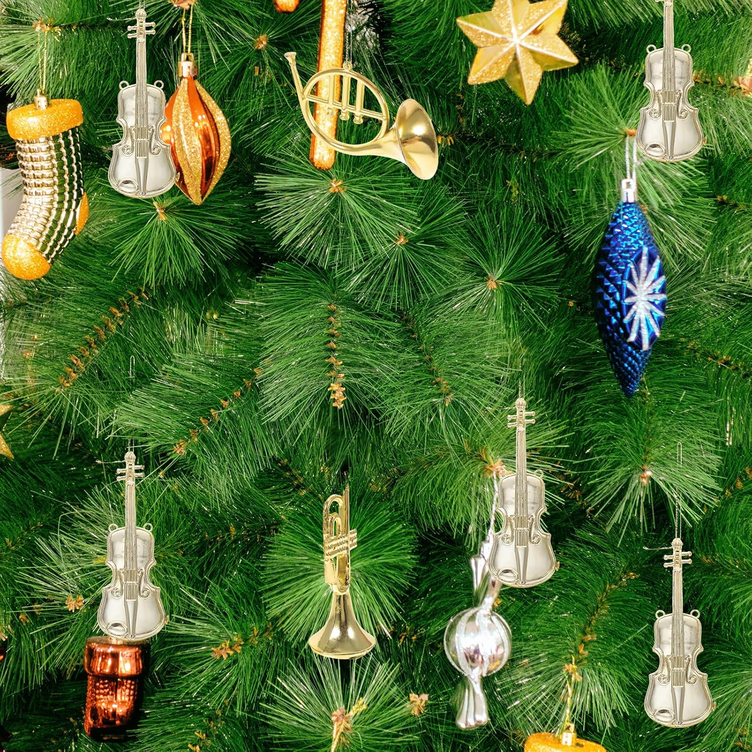Gatuida 12pcs Christmas Musical Instrument Ornaments Set, Golden Plastic Miniature Violin French Horn Trumpet Models, Xmas Tree Hanging Decorations for Christmas Music Party Home Decor - Image 4