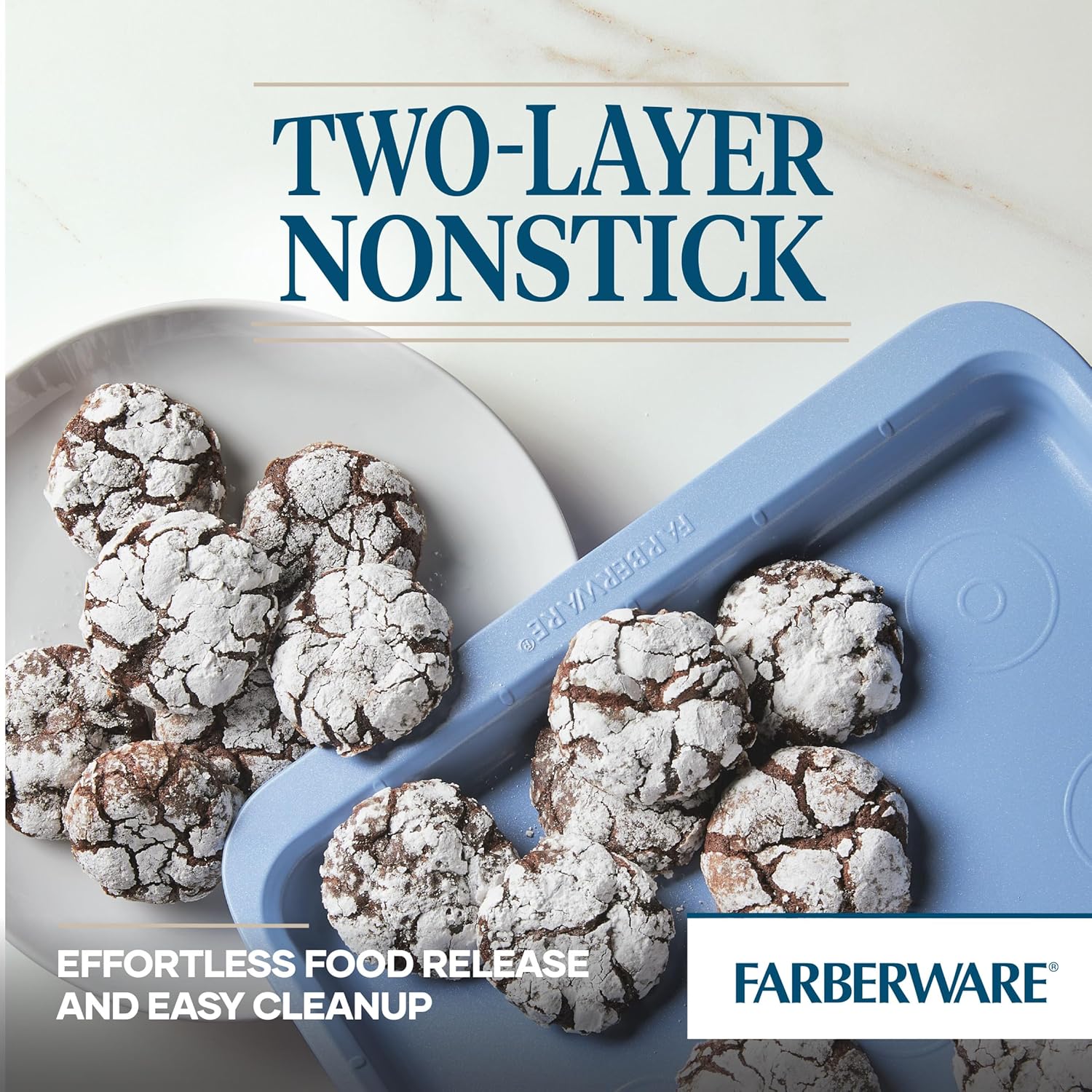 Farberware Easy Solutions Nonstick Baking Set, Includes Cookie Pans, Loaf Pan, and Cake Pan with Portion Marks, 4 Piece, Non Stick Bakeware Set - Blue - Image 7