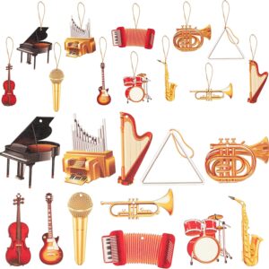 WATINC 37pcs Musical Instrument Christmas Wooden Ornaments Set Classic Saxophone Guitar Vintage Piano Cello Drum Triangle Sign Gift Tags for Music Party Supplies Holiday Xmas Tree Garden Decorations