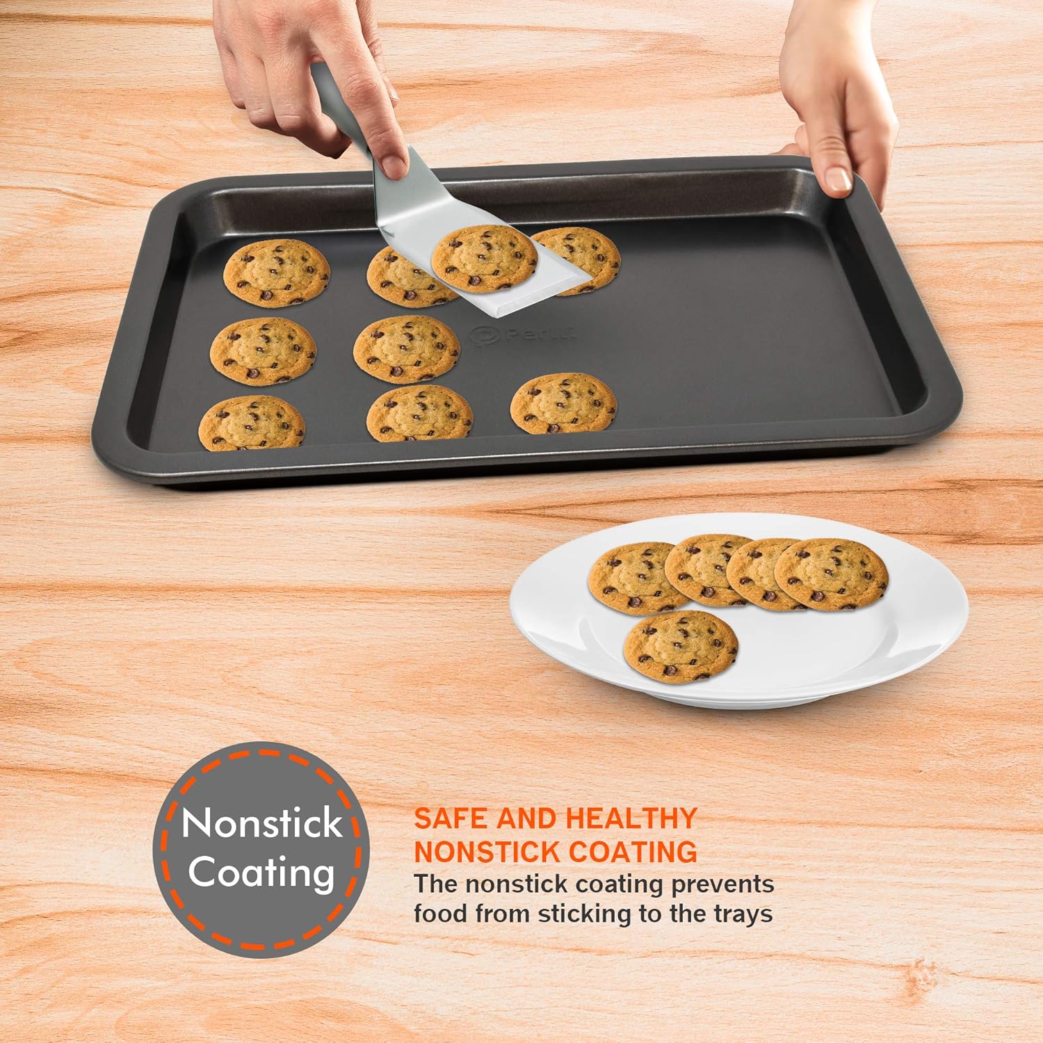 Perlli Baking Set 6 Nonstick Carbon Steel Oven Safe Gray PTFE PFOA Free Bakeware - Cookie Sheet, 2 Rounds, 12 Cup Muffin Pan, Roaster & Loaf Pan - Image 6