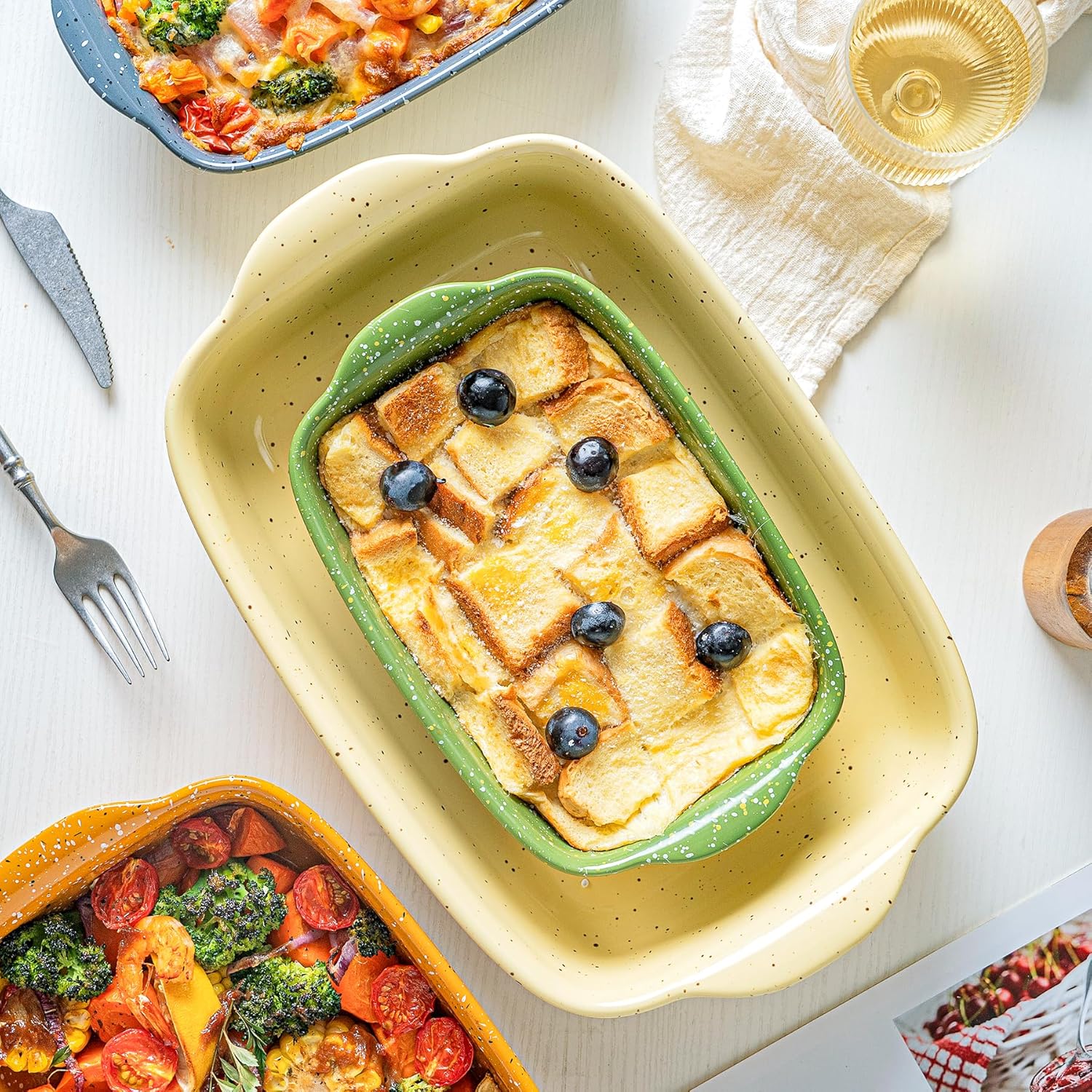 Ceramic Baking Dishes for Oven,Heavy Duty Bakeware Dish Set of 3, Rectangular Casserole,Lasagna Pan Deep,High Heat Resistant,Glazed Handcraft Speckle Series (13.8''/12''/9.6''Green) - Image 8