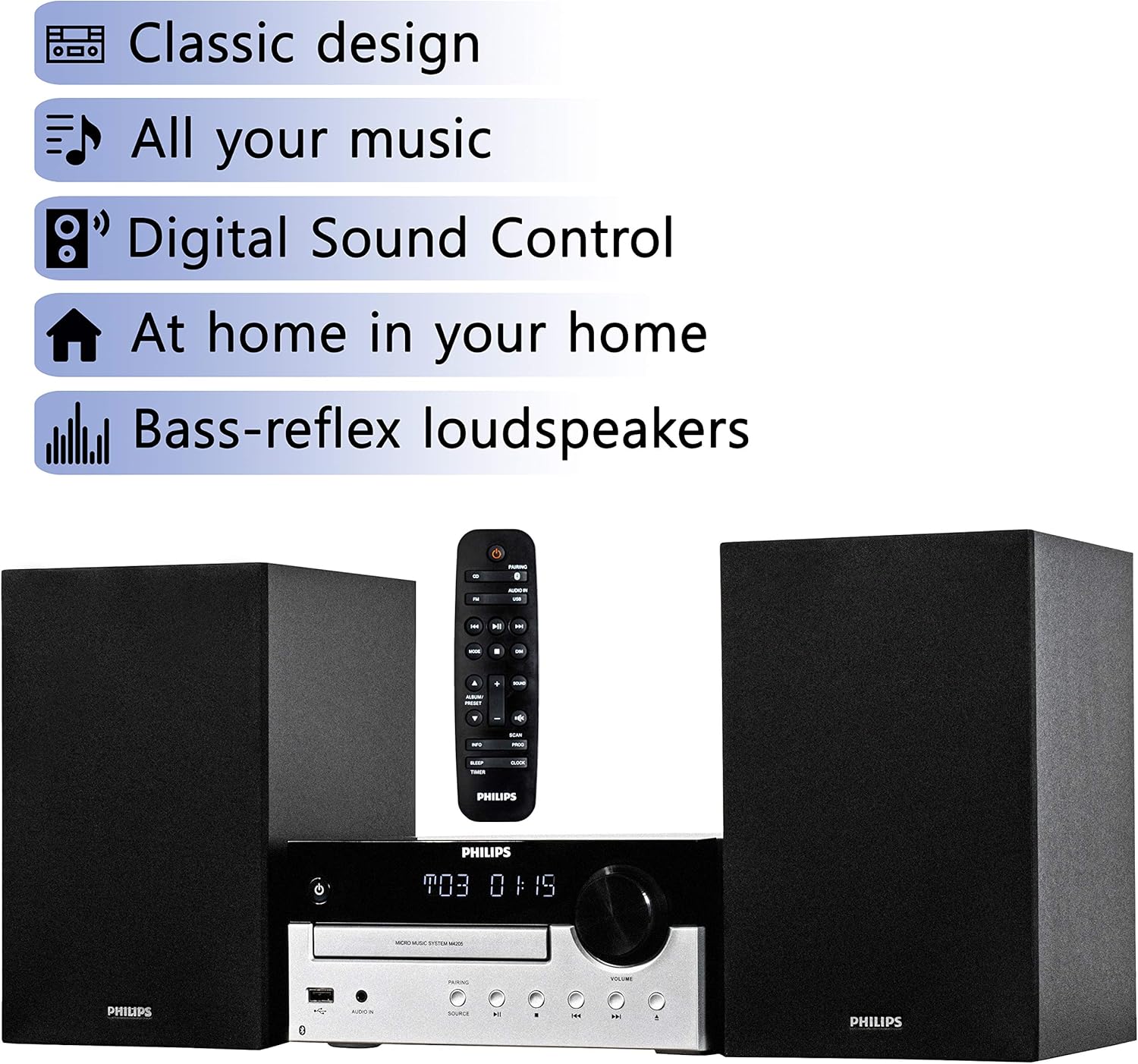 PHILIPS Bluetooth Stereo System for Home with CD Player, MP3, USB, Audio in, FM Radio, Bass Reflex Speaker, 60W, Remote Control Included - Image 3