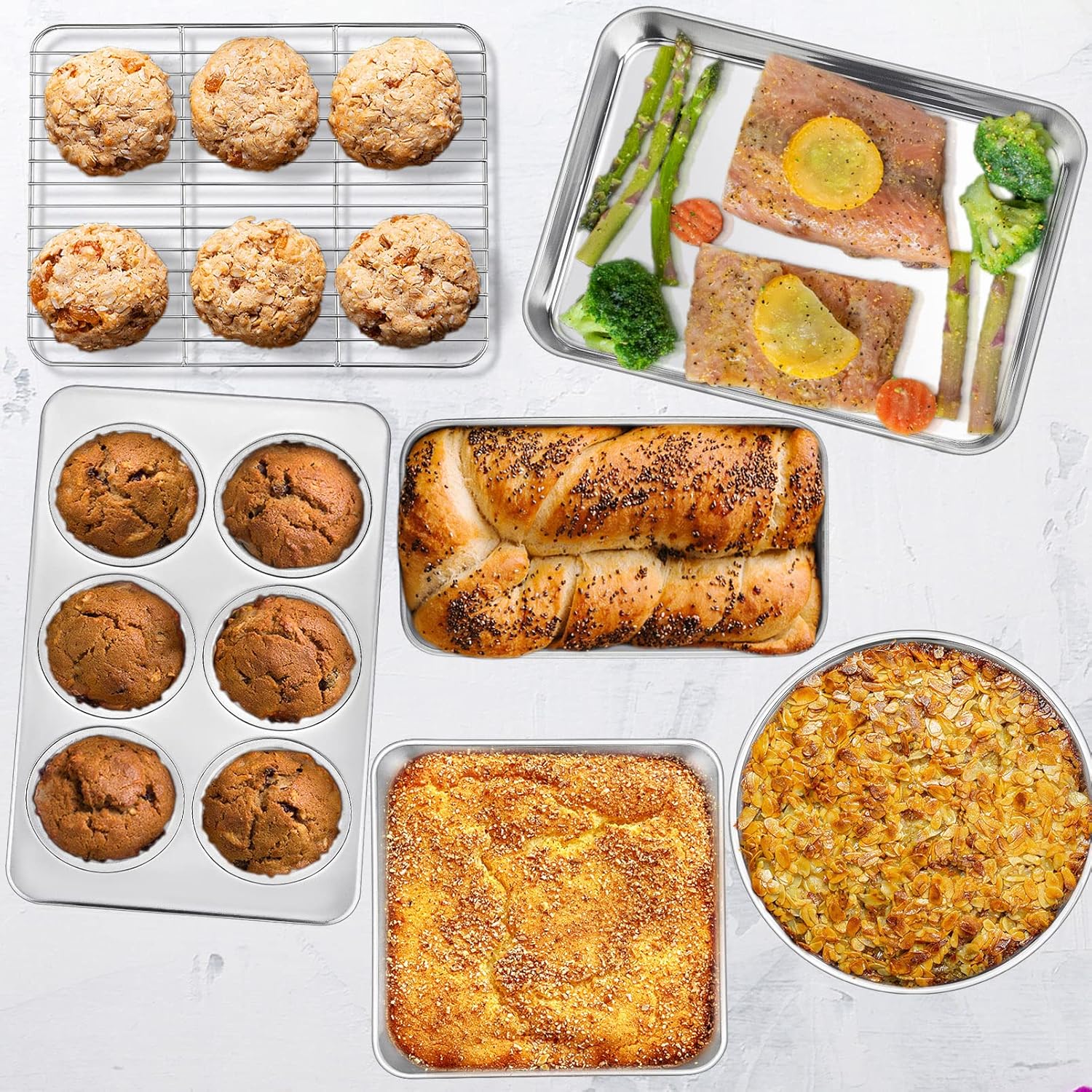P&P CHEF 6-Piece Small Toaster Oven Pan Set, Stainless Steel Bakeware Set, Toaster Oven Tray with Rack, Square/Round Cake Pan, Loaf Pan & Muffin Pan, Non Toxic & Easy Clean - Image 5