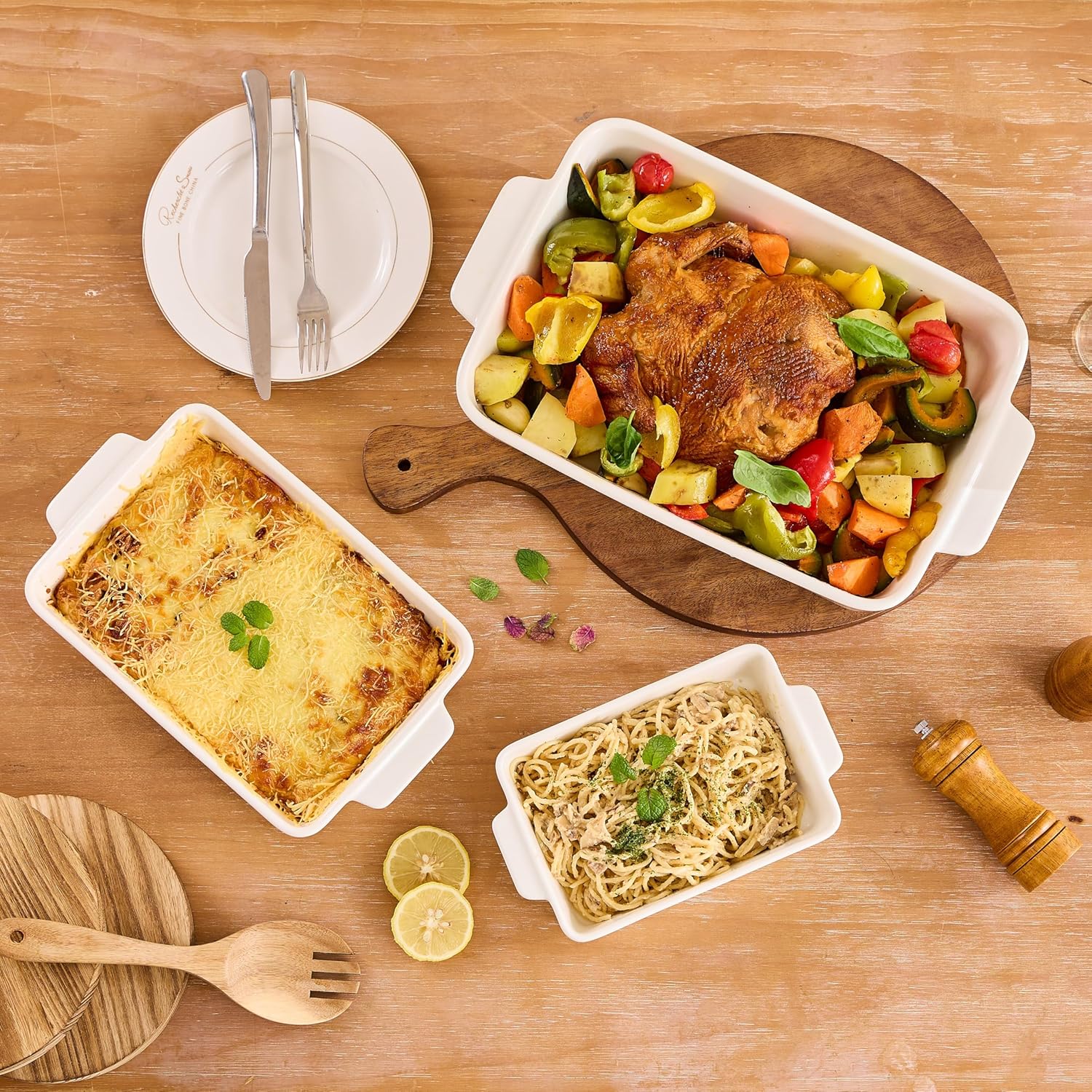Casserole Dishes For Oven, Porcelain Baking Dishes Set 15.7"/12.3"/9.4", Ceramic Bakeware for Cooking, Large Lasagna Pans with Handle, Deep Baking Pan for Kitchen, Set of 3 White - Image 4