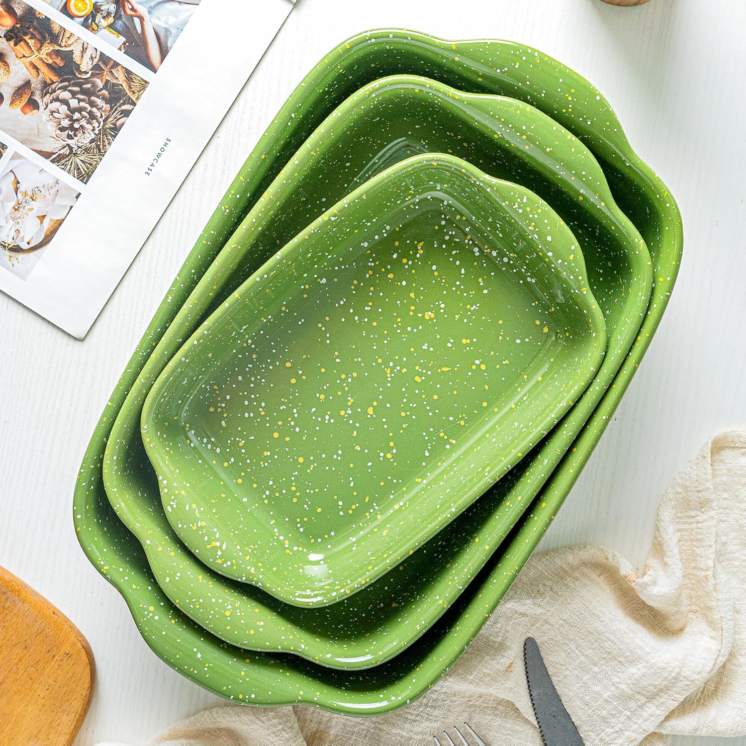 Ceramic Baking Dishes for Oven,Heavy Duty Bakeware Dish Set of 3, Rectangular Casserole,Lasagna Pan Deep,High Heat Resistant,Glazed Handcraft Speckle Series (13.8''/12''/9.6''Green) - Image 3