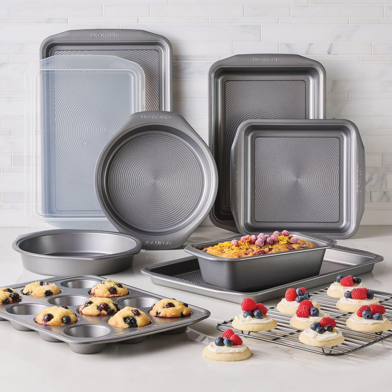 Circulon Nonstick Heavy Gauge Steel Bakeware Set with Rolled Pan Edges Loaf Pan, Cookie Pan, Baking Pans, Cake Pans, Muffin Pan and Cooling Rack (10-Piece, Gray) - Image 2