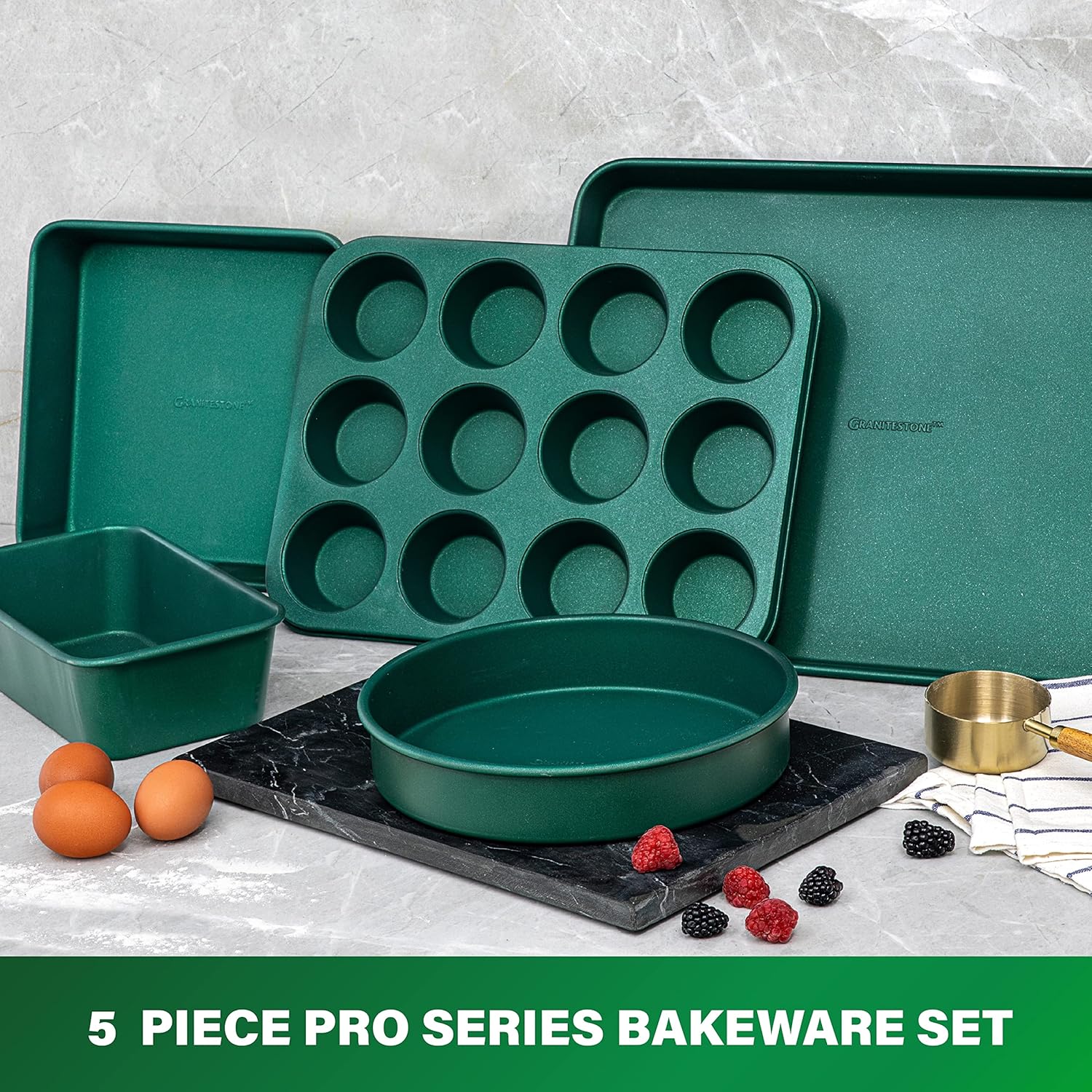 Granitestone Green Nonstick Bakeware Set, 5 Piece No Warp Baking Pans Set, Baking Set Includes Even Heating Baking Sheet for Oven, Muffin Pan, Loaf Pan, Baking Pan & Round Baking Tray, Dishwasher Safe - Image 2