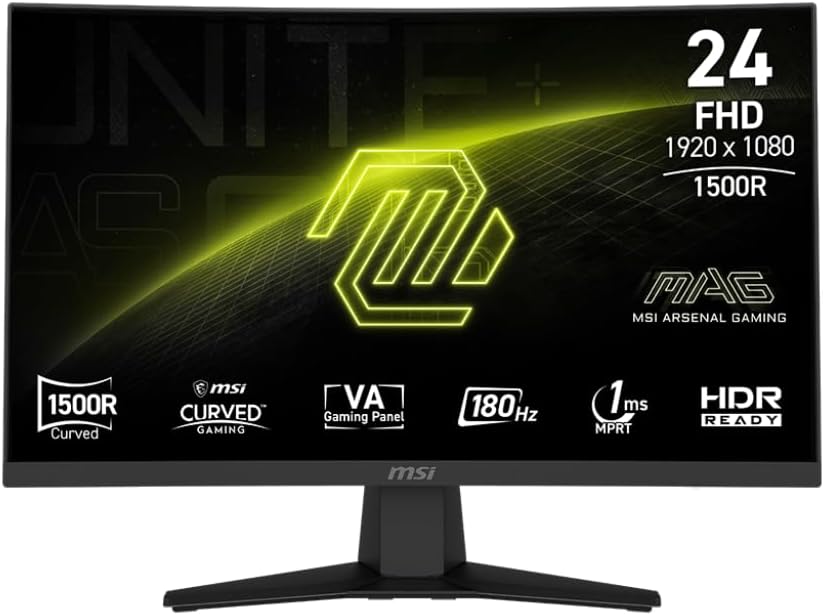 MSI MAG 244C 24-inch 1920 x 1080 (FHD) Gaming Monitor, 180Hz, Adaptive-Sync, HDMI, DisplayPort, VESA Mountable, Tilt, Height Adjustable, Speaker, 1ms, Black