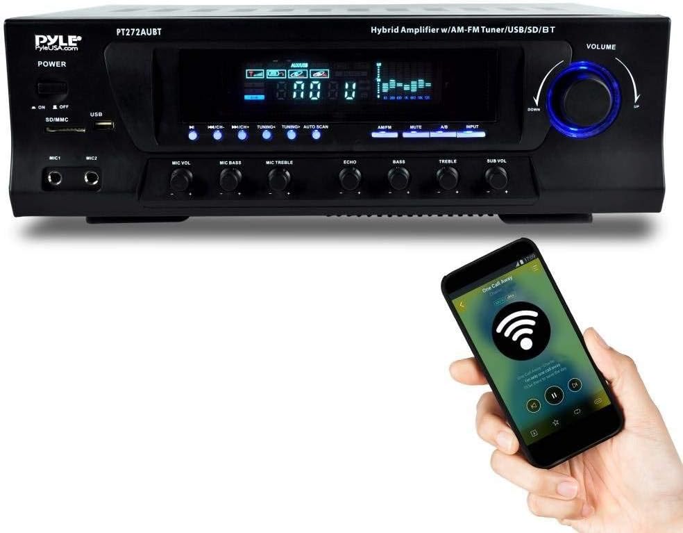 Pyle Wireless Bluetooth Audio Power Amplifier - 300W 4 Channel Home Theater Stereo Receiver with USB, AM FM, 2 Mic IN with Echo, RCA, LED, Speaker Selector, For Studio, Home Use, Black - PT272AUBT - Image 2