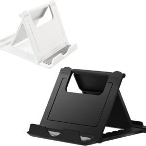 2 Pack Portable Cell Phone Stand Holder for Desk, Foldable Pocket-Sized Mount, Universal Adjustable Desktop Mobile Phone Kickstand Compatible with iPhone IPads Kindle Android Black & White