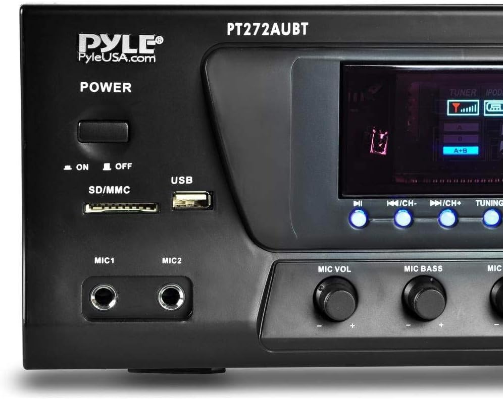 Pyle Wireless Bluetooth Audio Power Amplifier - 300W 4 Channel Home Theater Stereo Receiver with USB, AM FM, 2 Mic IN with Echo, RCA, LED, Speaker Selector, For Studio, Home Use, Black - PT272AUBT - Image 4