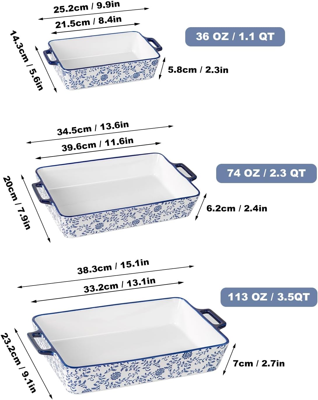 Bakeware Set Ceramic Baking Dish Casserole Dishes for Oven Rectangular Lasagna Pan for Cooking, Kitchen - Microwave Dishwasher Safe - Wedding & House Warming Gift, Set of 3, Blue - Image 3