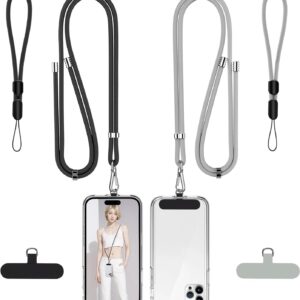 takyu Phone Lanyard, 2 Pack Adjustable Cell Phone Lanyard Crossbody Neck Strap & 2 Pack Phone Wrist Strap with 2 PcsTether Tabs Compatible for iPhone Android Smartphones-Black Grey